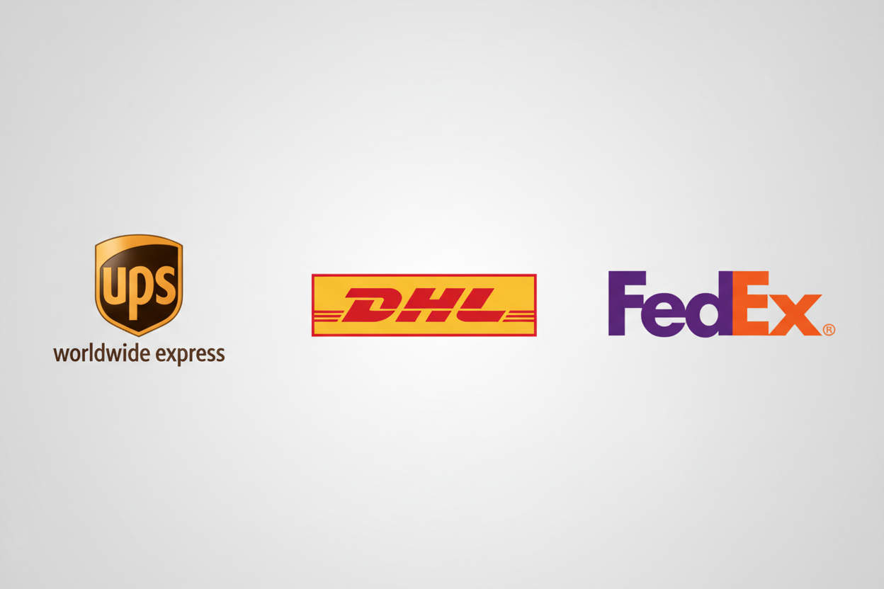 Logos de UPS, DHL y FedEx con fondo gris